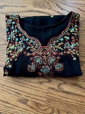 Black Embroidered Women’s Top with Turquoise & Red Accents